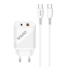 SAVIO Ładowarka sieciowa Savio LA-05 USB Quick Charge Power Delivery 3.0 18W, 1xUSB Type C, 1xUSB, kabel 1m, biała