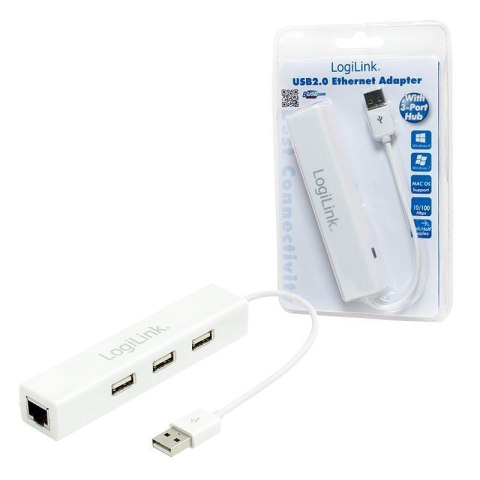 LogiLink Adapter LogiLink UA0174A USB2.0 do RJ45 Ethernet HUB 3x USB