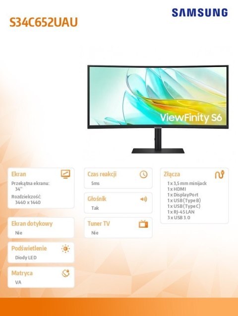 Samsung Monitor 34 cale ViewFinity S65UA VA 3440x1440 UWQHD 21:9 1xHDMI 1xDP 1xUSB-C(90W) 3xUSB 3.0 LAN (RJ45) 5ms 100Hz HAS+PIVOT zakrz