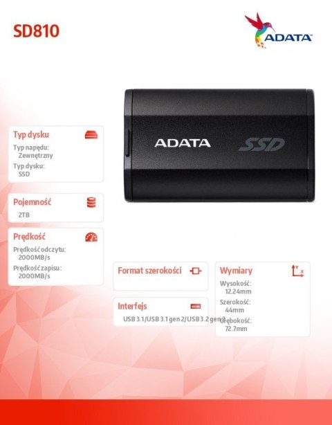 Adata Dysk SSD External SD810 2TB USB3.2C 20Gb/s czarny
