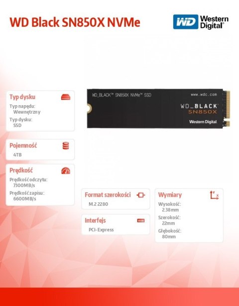 Western Digital Dysk SSD Black 4TB SN850X NVMe M.2 PCIe Gen4 2280