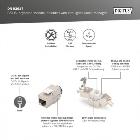 Digitus Moduł (gniazdo) Keystone RJ45 (8P8C) kat.6A, STP, ekranowany, stalowy, opaska czarna, beznarzędziowy