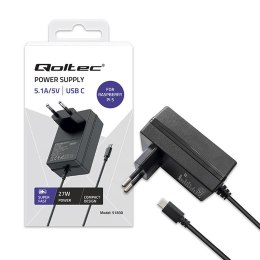 Qoltec Ładowarka Qoltec Super FAST PD do Raspberry PI 5 | USB-C | 27W | 5-12V | 1.8-5A | Czarny