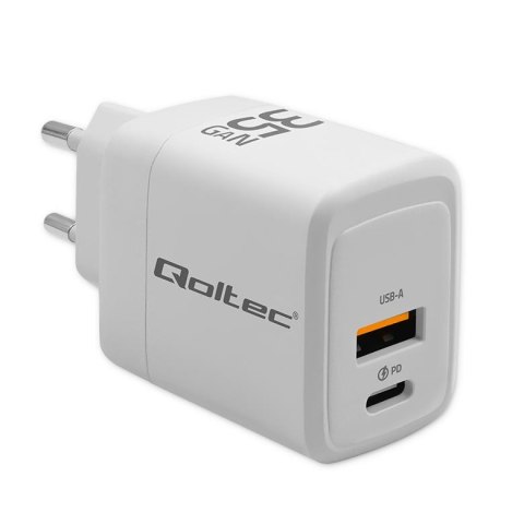 Qoltec Ładowarka sieciowa Qoltec 35W GaN | 5-20V | 1.5-3A | 1xUSB-C PD | 1xUSB QC 3.0 | Biała