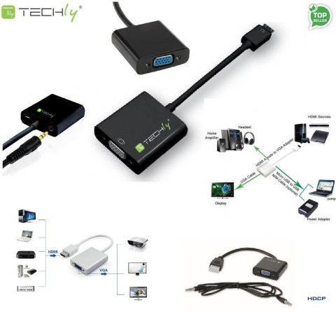 Techly Adapter Techly HDMI-VGA2AU HDMI męski na VGA żeński, audio, micro USB, czarny 0,1m IDATA