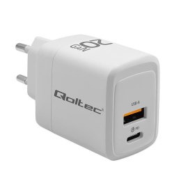 Qoltec Ładowarka sieciowa Qoltec 20W GaN | 5-20V | 1.5-3A | 1xUSB-C PD | 1xUSB QC 3.0 | Biała