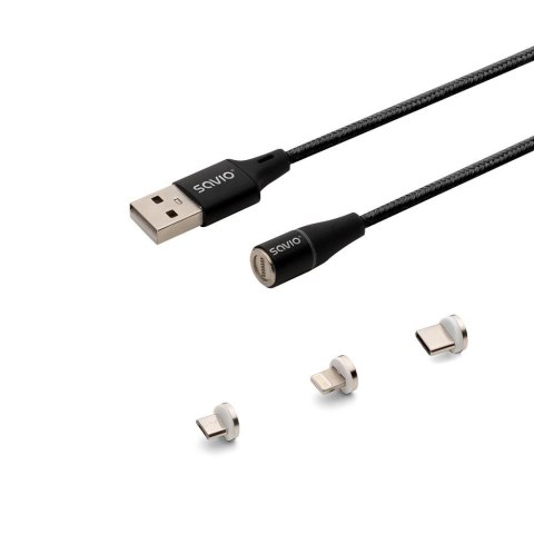 SAVIO Kabel USB 2.0 SAVIO CL-152 USB - USB Typ C, Micro i Lightning, QC i PD 3.0, magnetyczny, 1m, czarny