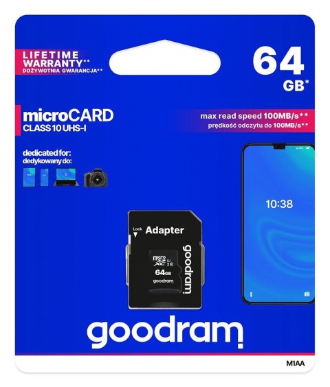 Goodram Karta pamięci microSDXC GOODRAM 64GB M1AA-0640R12 cl 10 UHS-I + adapter - USZ OPAK