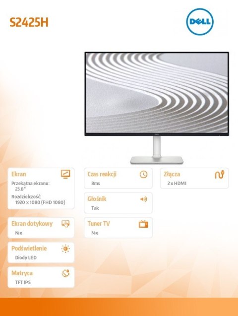 Dell Monitor 23.8 cala S2425H IPS LED 100Hz Full HD (1920x1080)/16:9/2xHDMI/Speakers/3Y