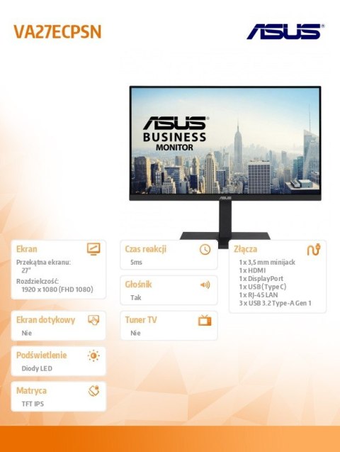 Asus Monitor 27 cali VA27ECPSN DP, HDMI, TYPEC, 3XUSB, RJ45, GŁOŚNIKI