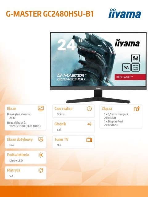 IIYAMA Monitor 24 cale GC2480HSU-B1,VA,180HZ,1500R,USBx2,0,5ms,300cd