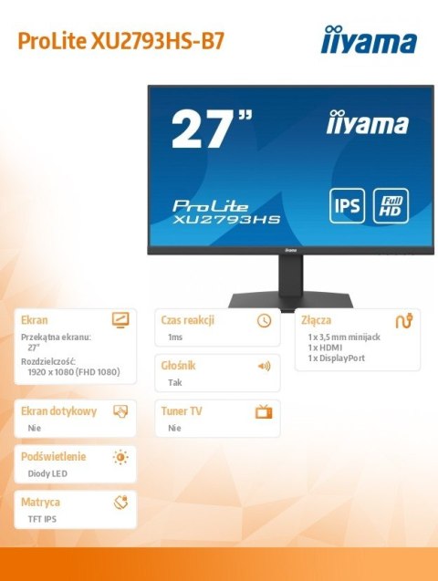 IIYAMA Monitor 27 cali XU2793HS-B7,IPS,HDMI,DP,ACR,2x2W,300cd