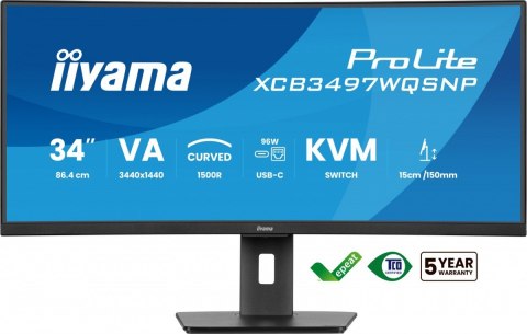 IIYAMA Monitor 34 cali XCB3497WQSNP-B1 VA,UWQHD,1500R,USB-cDock,KVM,95W, 2xHDMI, 1xDP, RJ45,2x5W,21:9 /5y/