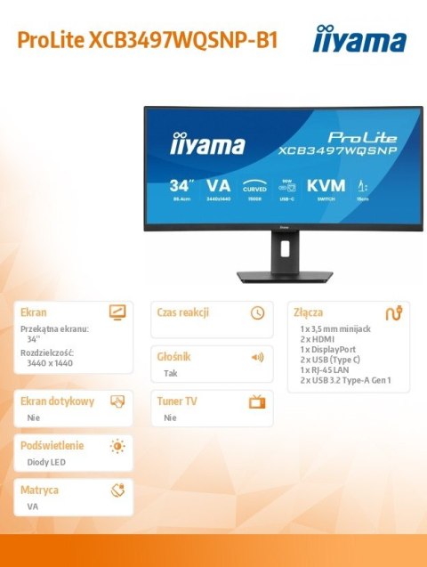IIYAMA Monitor 34 cali XCB3497WQSNP-B1 VA,UWQHD,1500R,USB-cDock,KVM,95W, 2xHDMI, 1xDP, RJ45,2x5W,21:9 /5y/