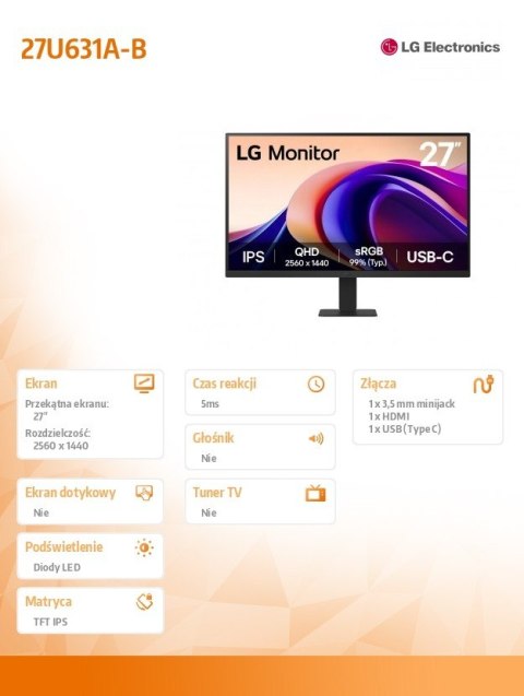 LG Electronics Monitor 27U631A-B QHD 100Hz IPS HDR10 27 cali
