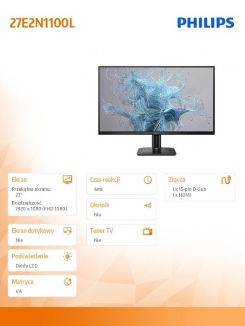 Philips Monitor 27E2N1100L 27 cali VA 100Hz HDMI VGA