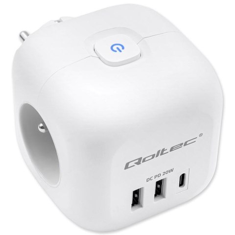 Qoltec Kostka zasilająca Qoltec przedłużacz 6w1 z podświetlanym włącznikiem | 3x AC | 2x USB | 1x USB-C PD 20W | Biała