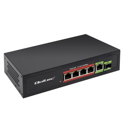 Qoltec Switch niezarządzalny Qoltec przełącznik sieciowy FAST Ethernet 4x RJ45 PoE 1x RJ45 Uplink 1x SFP | 65W | 1000 Mb/s