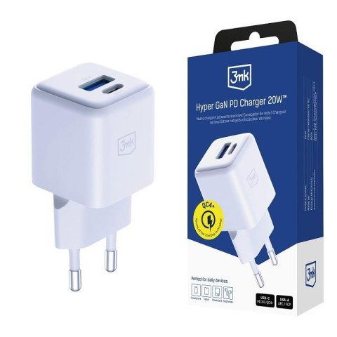 3mk Protection Ładowarka sieciowa 3mk Hyper GaN Charger 20W QC4+ PD PPS USB-C USB-A White