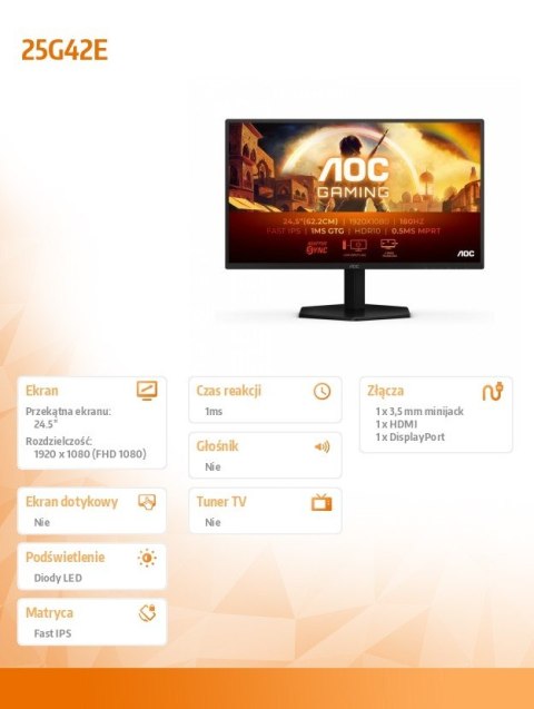 AOC Monitor 25G42E 24.5 cala 180Hz Fast IPS HDMI DP