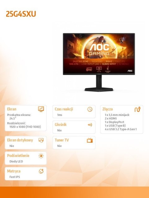 AOC Monitor 25G4SXU 24.5 cala 300Hz Fast IPS HDMIx2 DP Pivot