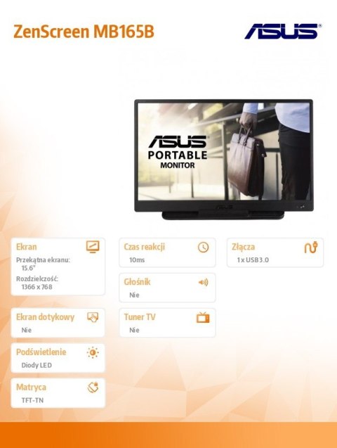 Asus Monitor 15.6 cala MB165B 0.78 kg USB 3.0