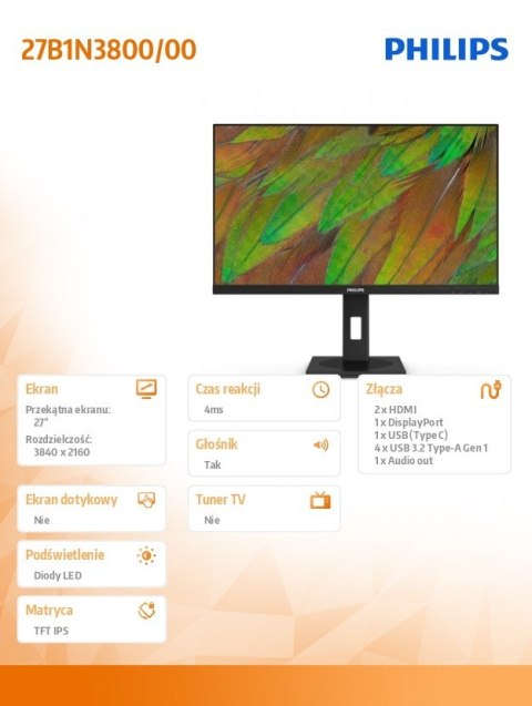 Philips Monitor 27B1N3800 27 cali IPS 4K HDMIx2 DP Pivot Głośniki