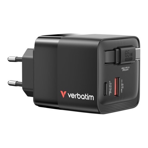 Verbatim Ładowarka ścienna Verbatim GaN 65W 1xUSB-C PD 3.0 1xUSB-A QC 3.0 z kablem USB-C PD 65W