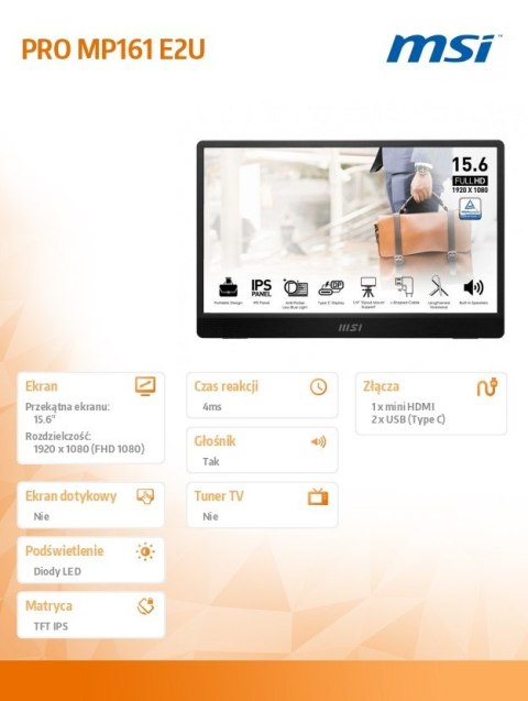 MSI Monitor 15.6 cala PRO MP161 E2U LED/FHD/Flat/60Hz/szary