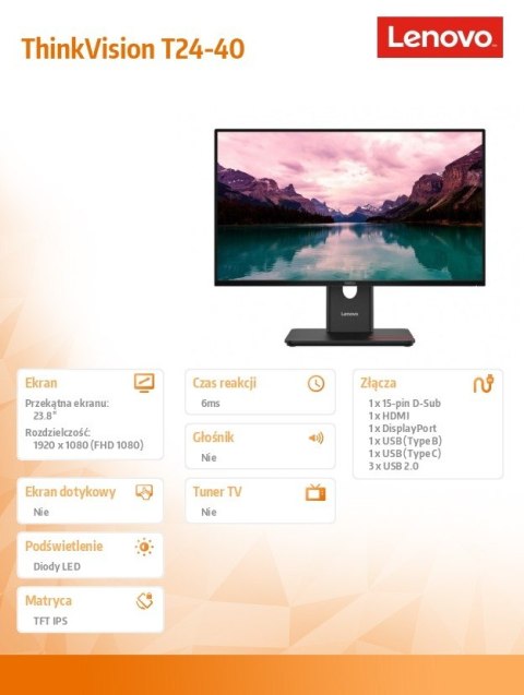 Lenovo Monitor ThinkVision 23.8 cala T24-40 64A4MATXEU