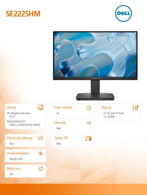 Dell Monitor SE2225HM 21.5 cala LED VA/1920x1080/HDMI/VGA/3Y