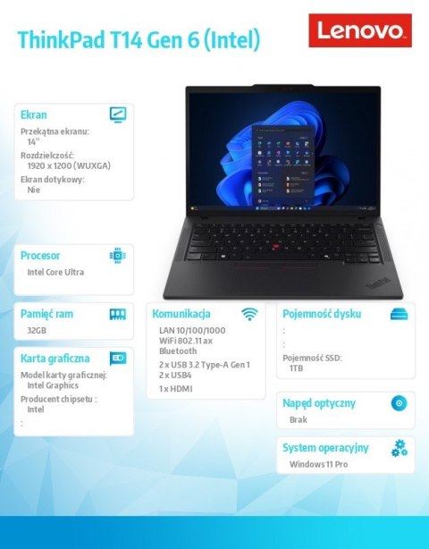 Lenovo Ultrabook ThinkPad T14 G6 21QC0040PB W11Pro Ultra 7 255U/32GB/1TB/INT/14.0 WUXGA/Black/3YR Premier Support + CO2 Offset