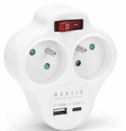 Montis Rozgałęźnik sieciowy podwójny z wyłącznikiem + USB-A + USB-C MONTIS MT144-WH biały