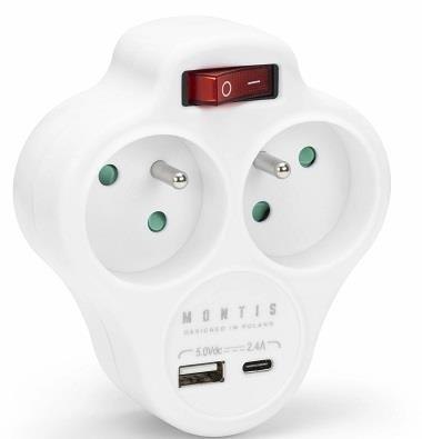 Montis Rozgałęźnik sieciowy podwójny z wyłącznikiem + USB-A + USB-C MONTIS MT144-WH biały