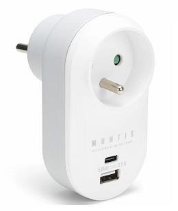 Montis Rozgałęźnik sieciowy pojedynczy + USB-A + USB-C MONTIS MT147 biało-szary