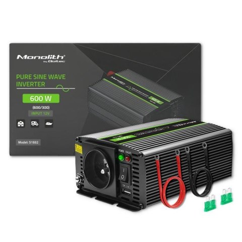 Qoltec Przetwornica napięcia Qoltec Monolith | 300W | 600W | 12V na 230V | Czysty Sinus