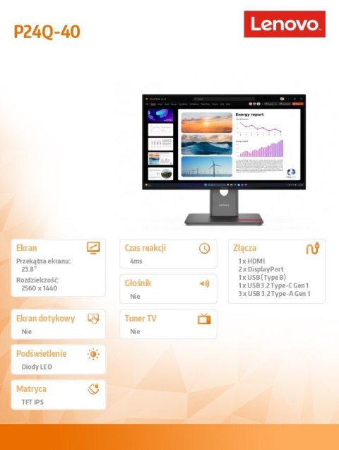 Lenovo Monitor ThinkVision P24Q-40 23.8 cala 64B2GAT1EU