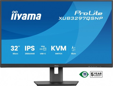 IIYAMA Monitor 32 cale XUB3297QSNP-B1 IPS,QHD,USB-C DOCK (95W), USB HUB 4x, KVM, RJ45, GW 5 LAT
