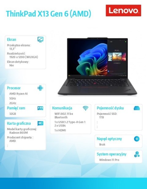 Lenovo Ultrabook ThinkPad X13 G6 21RM001RPB W11Pro 7 PRO 350/32GB/1TB/INT/13.3 WUXGA/Black/3YRS Premier Support + CO2 Offset