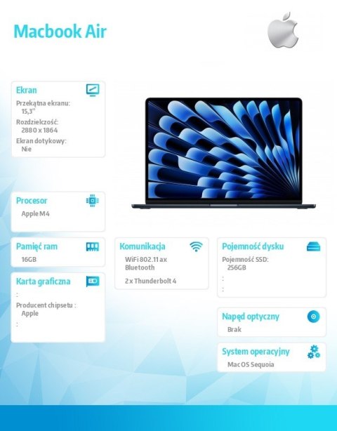 Apple MacBook Air 15.3 cala: M4 10/10, 16GB, 256GB - Północ