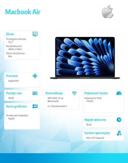 Apple MacBook Air 15.3 cala: M4 10/10, 16GB, 512GB - Północ