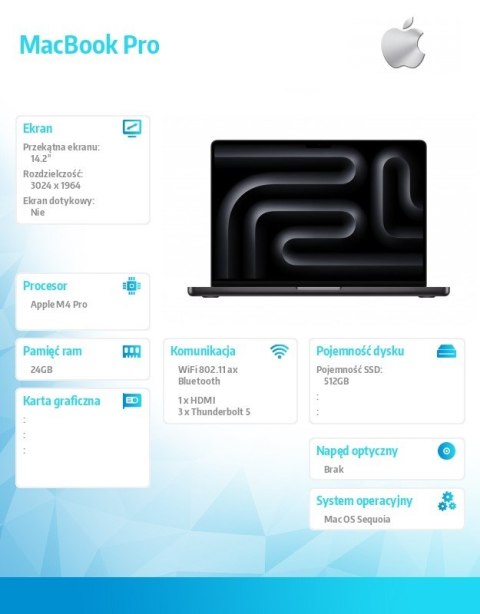 Apple MacBook Pro 14.2 cali: M4 Pro 12/16, 24GB, 512GB SSD - Gwiezdna czerń
