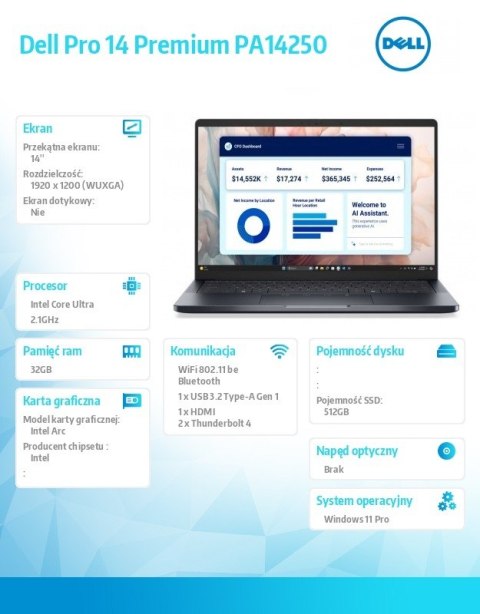 Dell Laptop Dell Pro 14 Premium PA14250 W11P Ultra 5 238V/32GB/512GB/14.0 FHD+/Arc/FgrPr/Cams&Mic/WLAN+BT/BcklKb/3C/vPro/3YPS Magnesi
