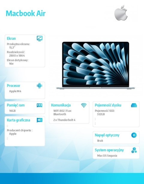 Apple MacBook Air 15.3 cala: M4 10/10, 16GB, 512GB, 35W - Błękitny - MC7A4ZE/A/D1