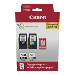 Canon Zestaw tuszy Canon PG-560 Black 7,5ml 180 str./CL-561 Color 8,3ml 180 str. + papier fotograficzny glossy 50 arkuszy (3713C008)