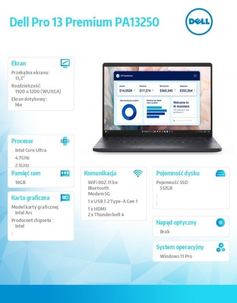 Dell Laptop Dell Pro 13 Premium PA13250 W11P U5-236V/16GB/512GB SSD/13.3 FHD+/Arc/FgrPr/Cams&Mic/5G WWAN+BT/BcklKb/3C/vPro/3YPS Magne