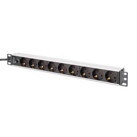 Digitus Listwa zasilająca DIGITUS PDU Rack 19" z bezpiecznikiem przeciążeniowym, 9 gniazd Schuko CEE 7/3 (45°), kabel 2m wtyk IEC C14, 1