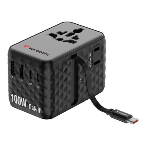 Verbatim Adapter podróżny Verbatim Charge 'n' Travel GaN III globalny 1xUSB-C PD 3.0 QC 4+ 100W, 2xUSB-C 15W, 1xUSB-A 12W czarny