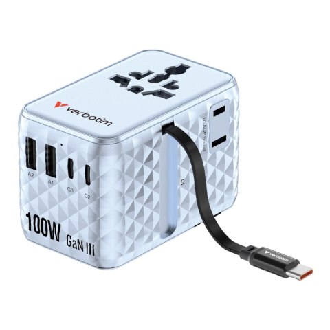 Verbatim Adapter podróżny Verbatim Charge 'n' Travel GaN III globalny 1xUSB-C PD 3.0 QC 4+ 100W, 2xUSB-C 15W, 1xUSB-A 12W niebieski