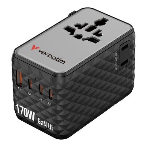 Verbatim Adapter podróżny Verbatim Charge 'n' Travel GaN III globalny 170W, 2xUSB-C PD 3.1 QC 4+ 140W, 1xUSB-C PD 3.0 QC 3.0 30W, 1xUSB-A